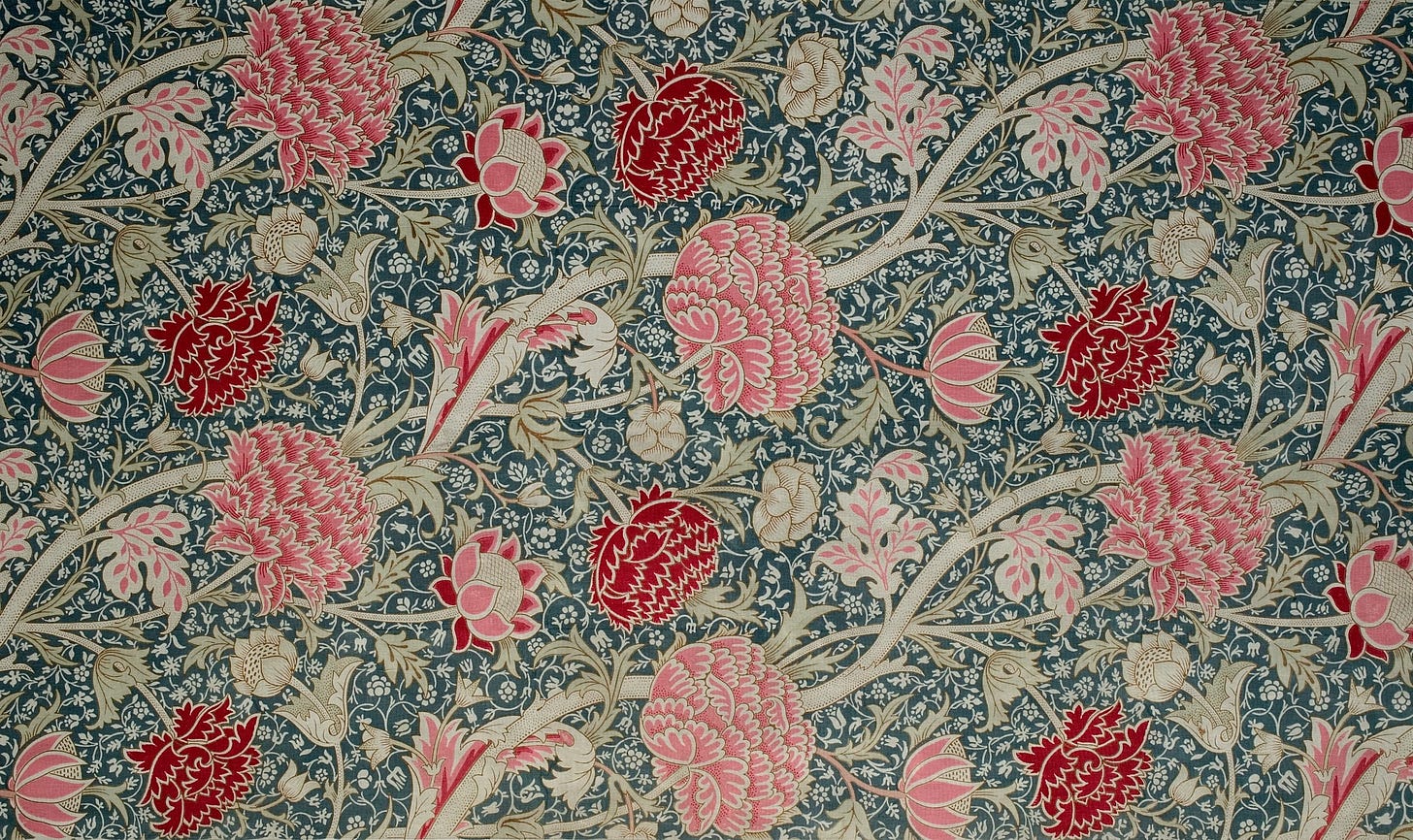 Red and pink flowers against a blue background, painted in the Arts and Crafts style. Red and pink flowers against a blue background, painted in the Arts and Crafts style.