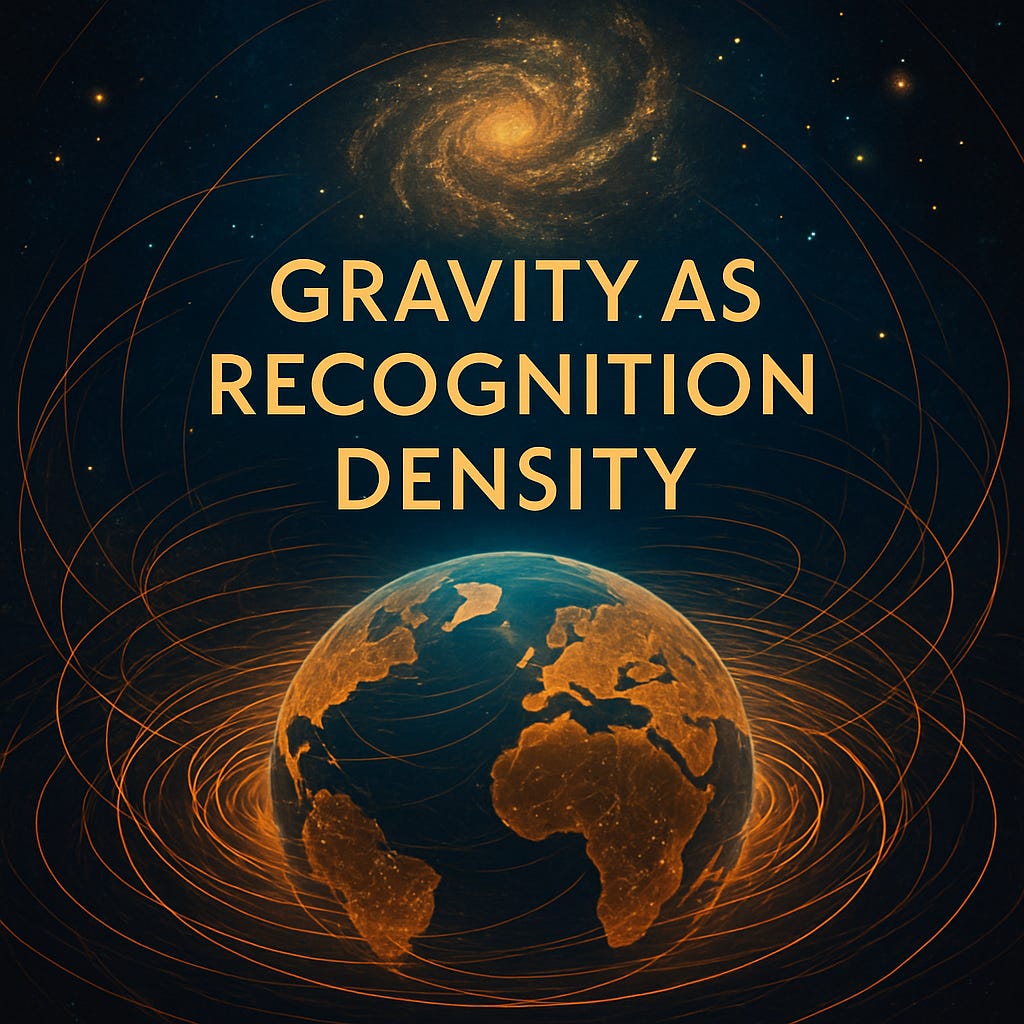  A golden-hued Earth with spiralling lines of energy looping around it, visually representing gravity as an emergent property of dense recognition patterns — awareness knitting structure into stability.
