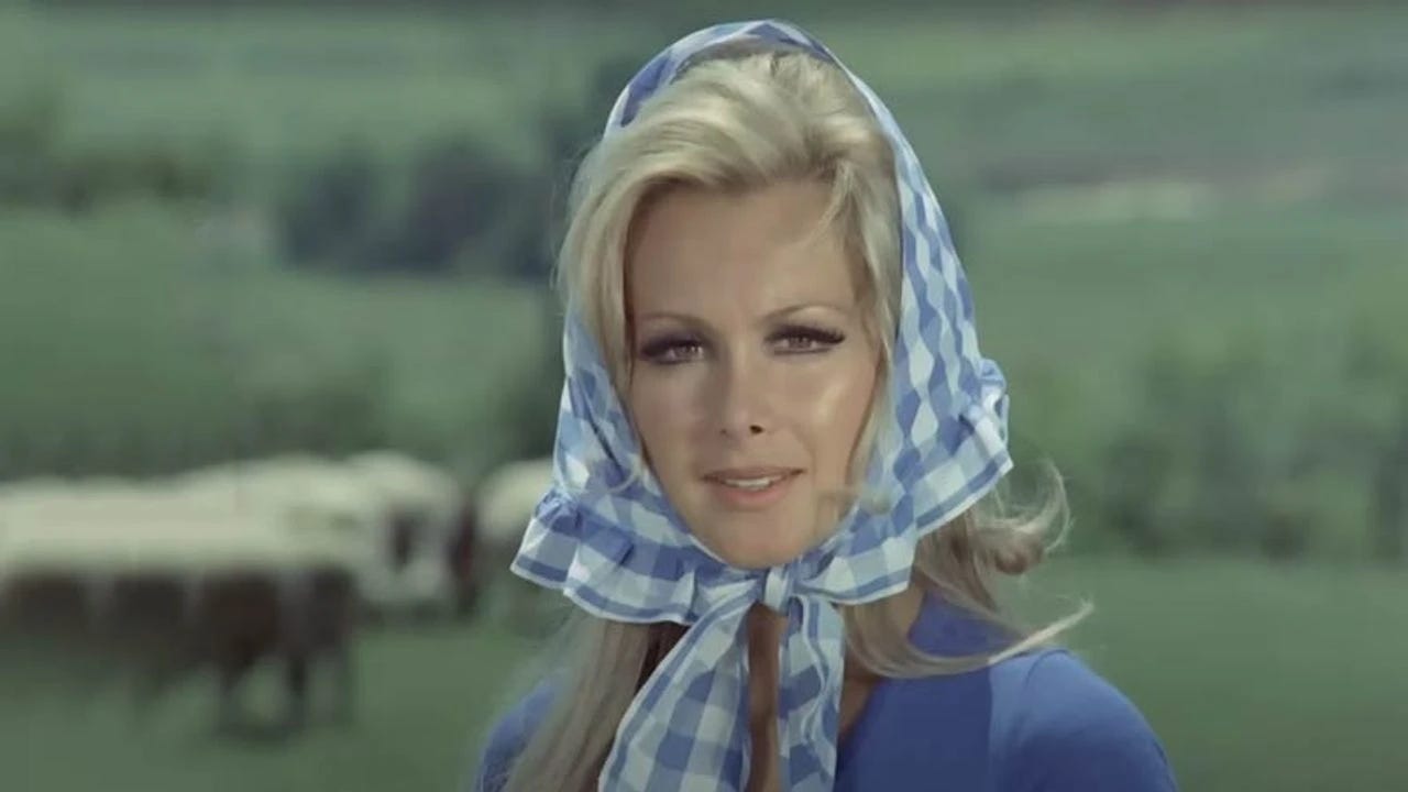  Filiz Akın, mavi kareli başörtüsü ve mavi kıyafetiyle pastoral bir ortamda, arka planda otlayan koyunlar.