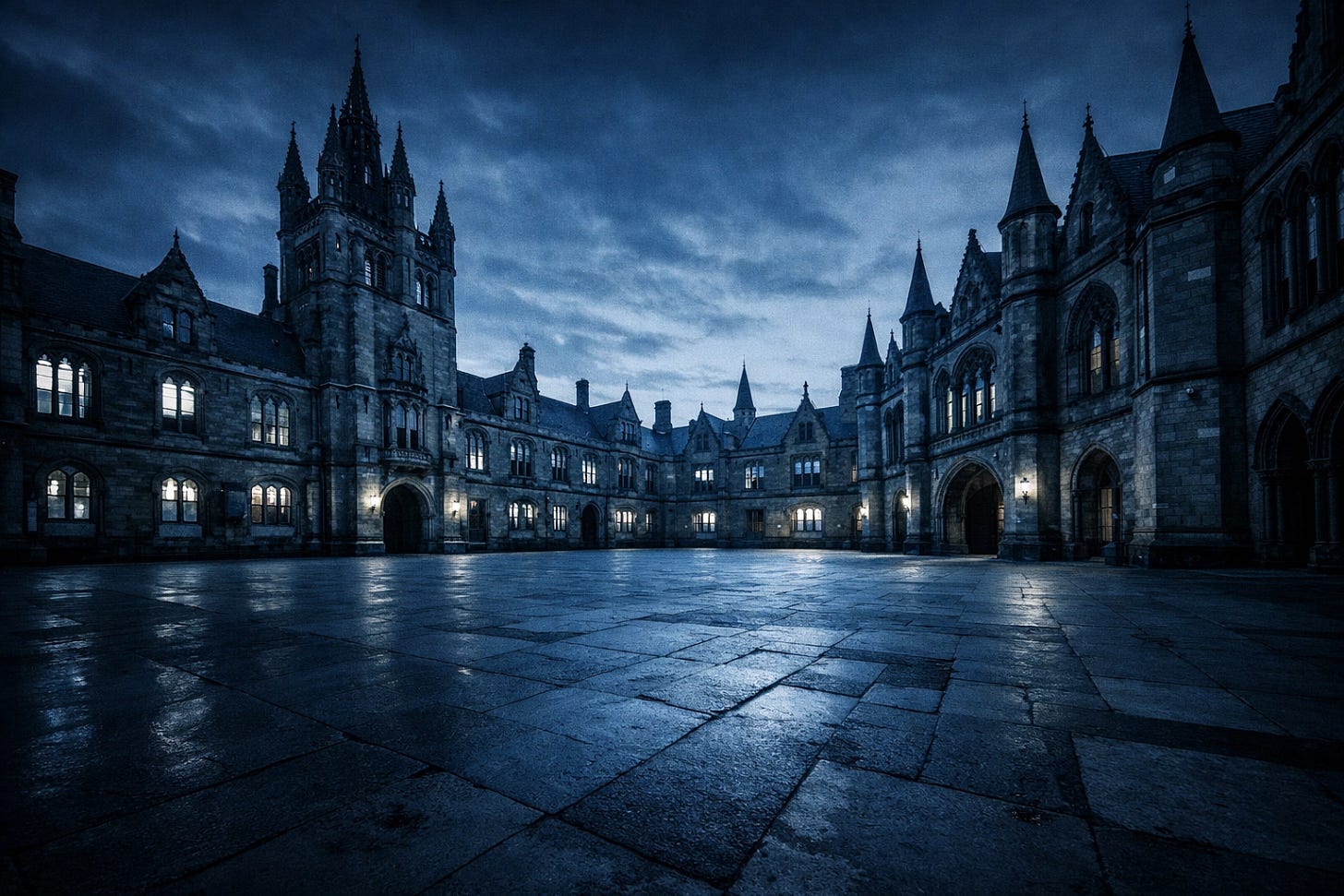 Empty Gothic university courtyard at dusk symbolizing the identity crisis in Catholic higher education | Dr. Marcus Peter