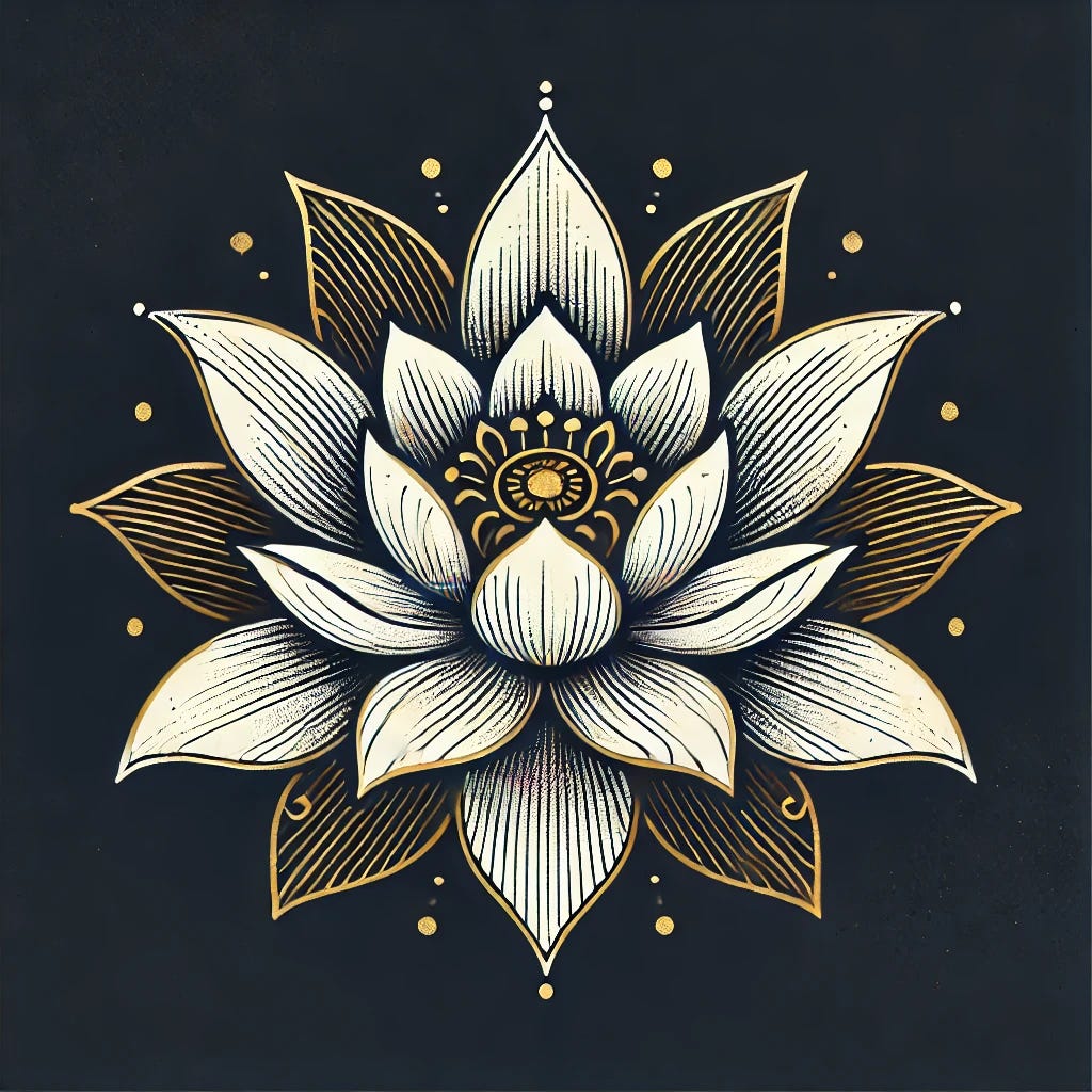 A symbolic illustration of a lotus flower rendered in gold, white, and black. The design is elegant and minimalistic, with intricate linework and a sense of spiritual serenity. The gold accents highlight the petals and center, while the white petals radiate purity against a deep black background. The overall composition evokes a sacred, meditative feeling, suitable for spiritual or philosophical themes.