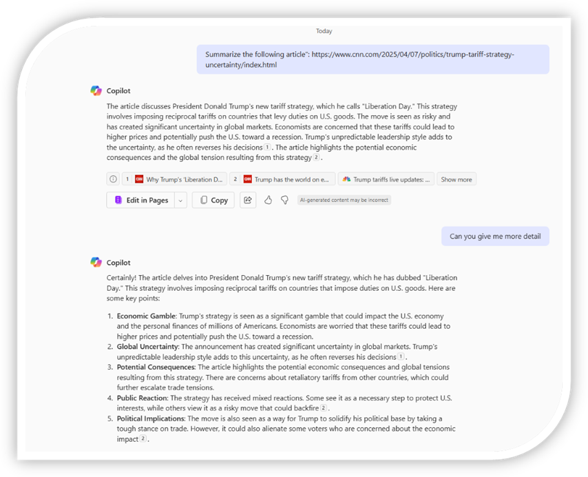 An image showing Copilot analyzing an internet article. The image includes a summary and key points from the article. An image showing Copilot analyzing an internet article. The image includes a summary and key points from the article.