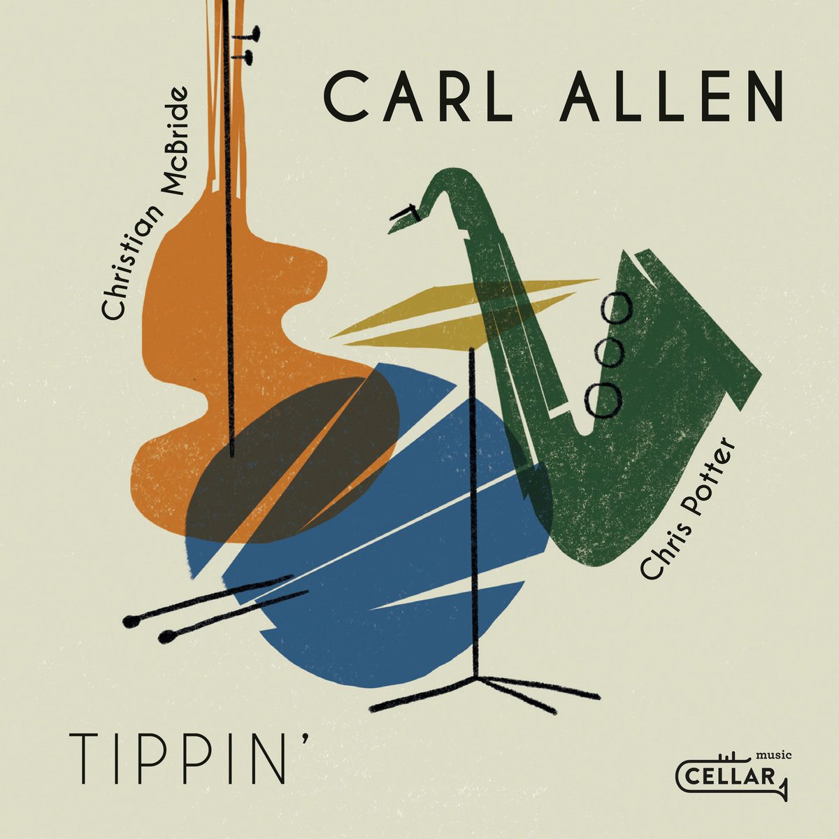 "Tippin'" album cover, feature artist names and highly stylized artistic representations of a jazz bass, a cymbal and drum sticks, and a saxophone