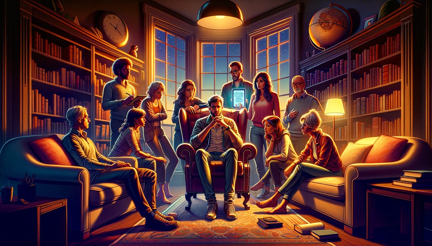 An intervention. Man in a chair surrounded by loved ones.