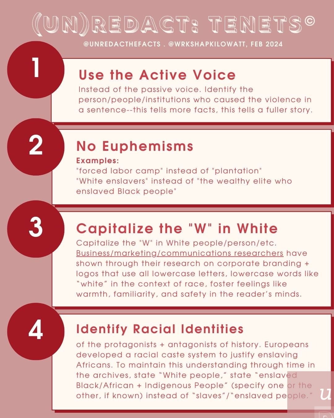 Pink rectangle with red text that lists the four Tenets of (un)Redact the Facts