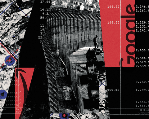 A black, white and red illustration of a photograph of a guarded wall, with the Amazon and Google logos.