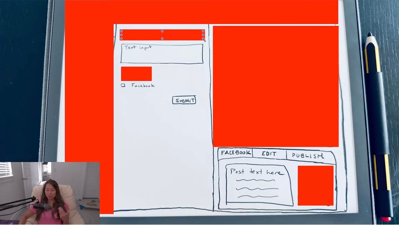 Final Blotato v1 UX prototype after stripping non-essential features down to text input, Facebook selection, submit, and one output card