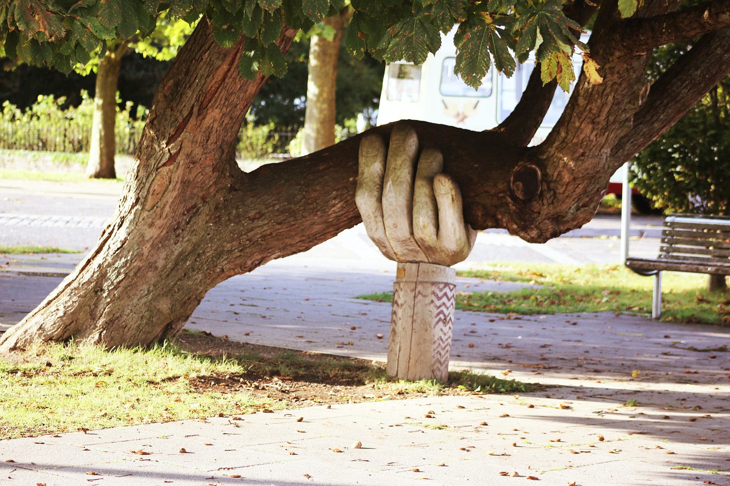 A giant silver-colored hand carved out of wood holding up a leaning tree branch. A giant silver-colored hand carved out of wood holding up a leaning tree branch.