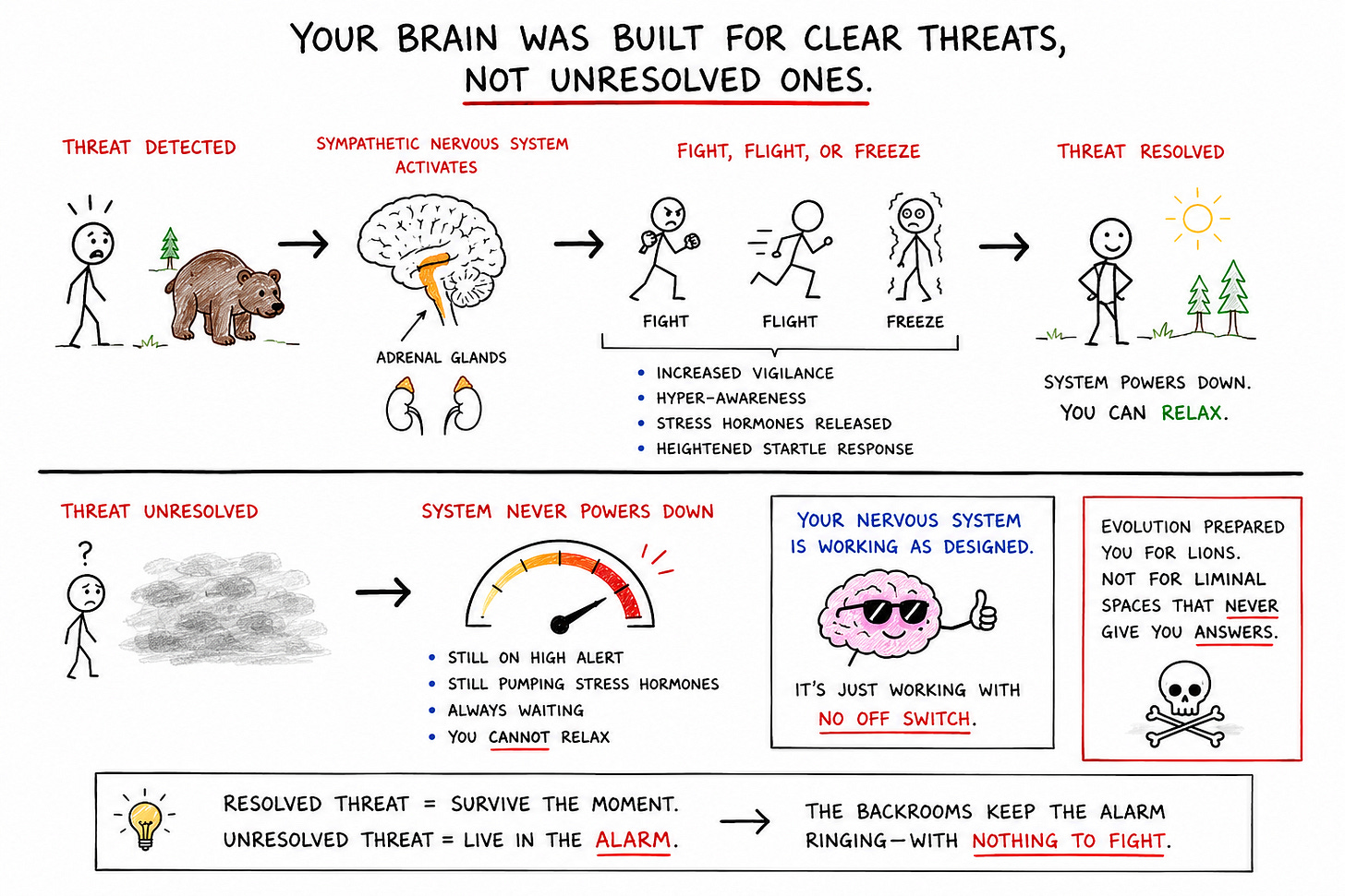 Whiteboard-style diagram comparing a resolved threat with an unresolved one. Illustrations show the brain's fight-flight-freeze response, stress hormones, and heightened vigilance, explaining how uncertainty keeps the nervous system activated and unable to fully relax. Whiteboard-style diagram comparing a resolved threat with an unresolved one. Illustrations show the brain's fight-flight-freeze response, stress hormones, and heightened vigilance, explaining how uncertainty keeps the nervous system activated and unable to fully relax.