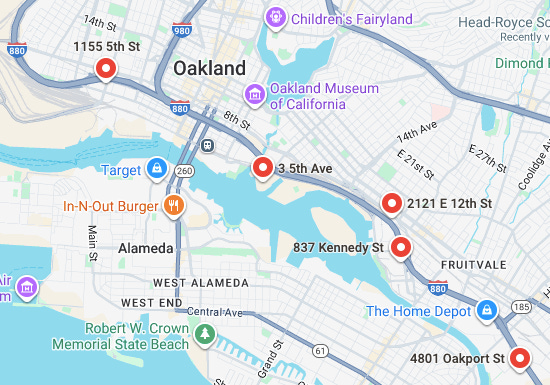 Figure 4. Map of the 5 primary proposed locations for 5 proposed new/relocated digital billboards – all located on the Interstate 880 corridor. (Image source: Google Maps)