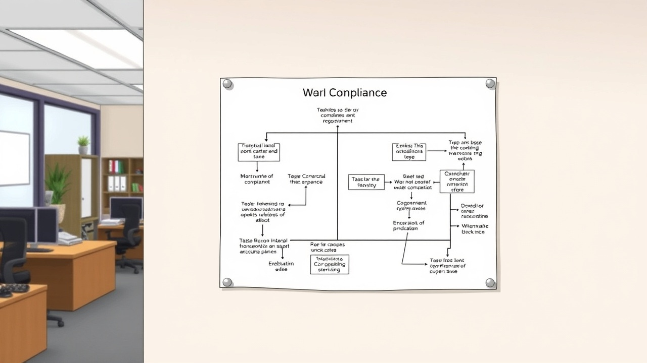 A flowchart illustrating compliance processes is pinned on a wall in an office.