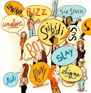 Cartoon-style illustration of a group of people talking, with colorful speech bubbles filled with slang terms, including “low key,” “unalive,” “rizz,” “six/seven,” “skibidi,” “boss,” “slay,” “mid,” “yeet,” and “sigma.” Cartoon-style illustration of a group of people talking, with colorful speech bubbles filled with slang terms, including “low key,” “unalive,” “rizz,” “six/seven,” “skibidi,” “boss,” “slay,” “mid,” “yeet,” and “sigma.”