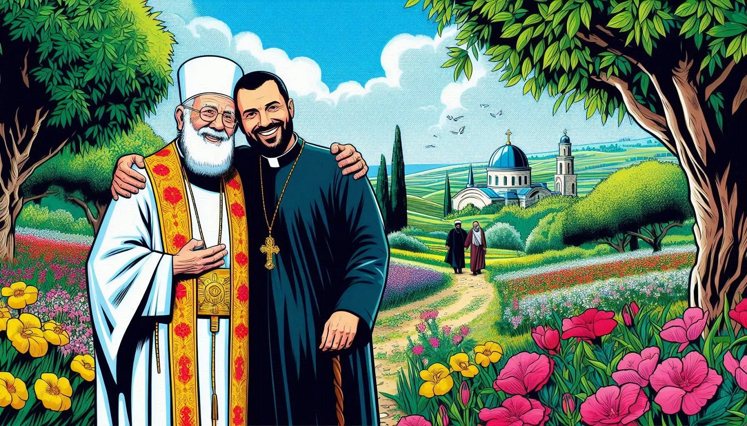 an Orthodox priest and a pastor hug each other while walking through the park in israel, comic book art