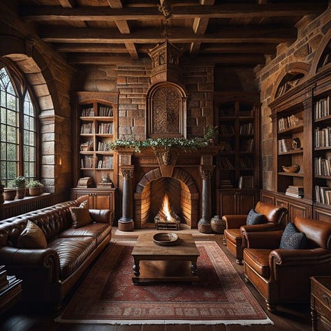 Italian style farmhouse kitchen. A cottage core window open with food on the bench. A loungeroom with leather chairs and a fireplace and library.