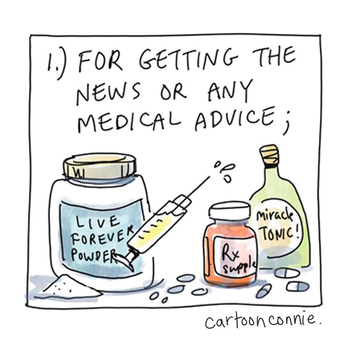 Panel 2 of a 6-panel comic strip about a cartoon girl with a bun, vowing to not use social media for getting news, for companionship, or as a measure of self-worth. Excerpt from "A Social Media Vow," original artwork by Connie Sun, cartoonconnie, 2025.