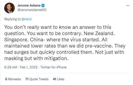 Here’s former Surgeon General Jerome Adams toeing the line.