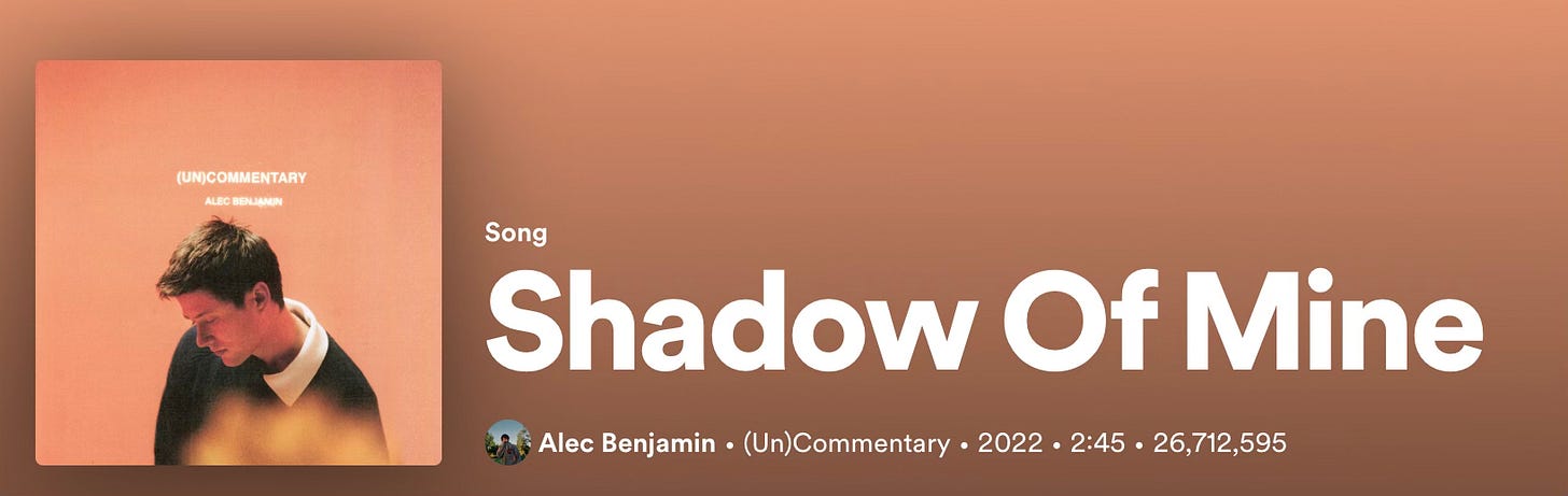 A screenshot of the (Un)Commentary Album by Alec Benjamin set on a peach gradient background.