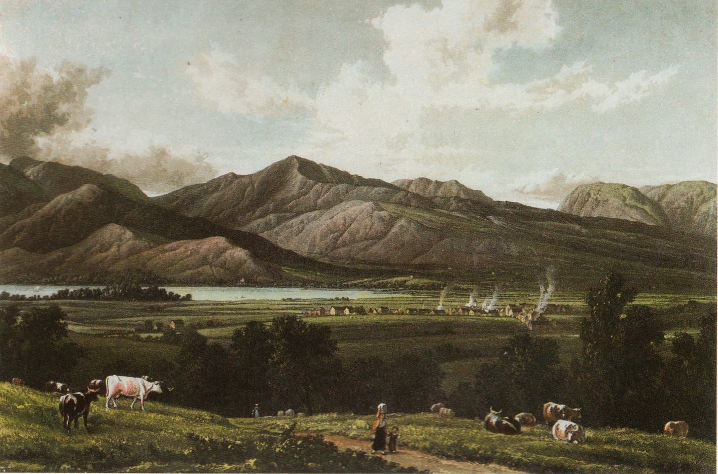 Old coloured print, mountains, lake, cows