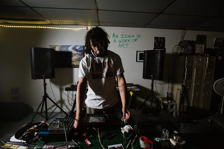 Various photos of musicians in their home studios.