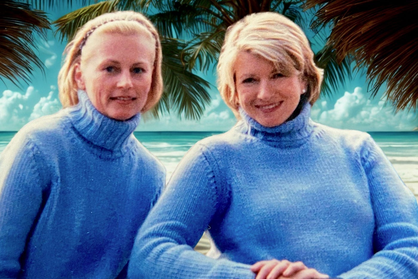 Martha Stewart and her film double wearing matching blue sweaters