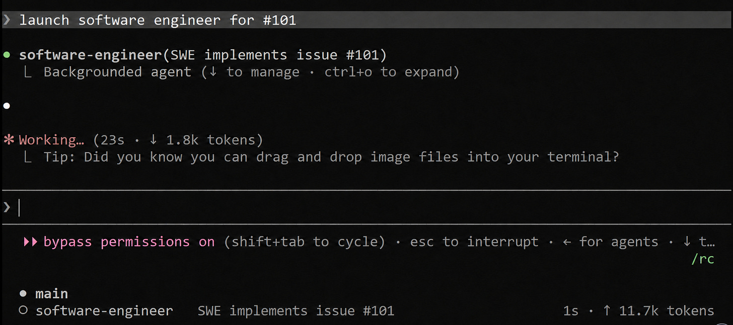 A coding assistant starts a software-engineer agent to implement issue 101 in the background