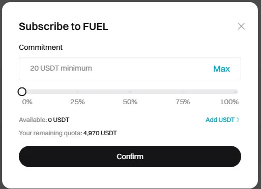 Bitget LaunchX interface showcasing the FUEL Token Drop with subscription details and USDT options.3
