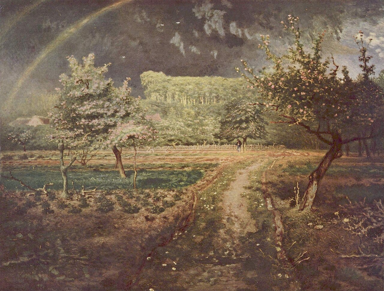 An orchard after a storm with wet blossoms, dark clouds and a faint rainbow An orchard after a storm with wet blossoms, dark clouds and a faint rainbow