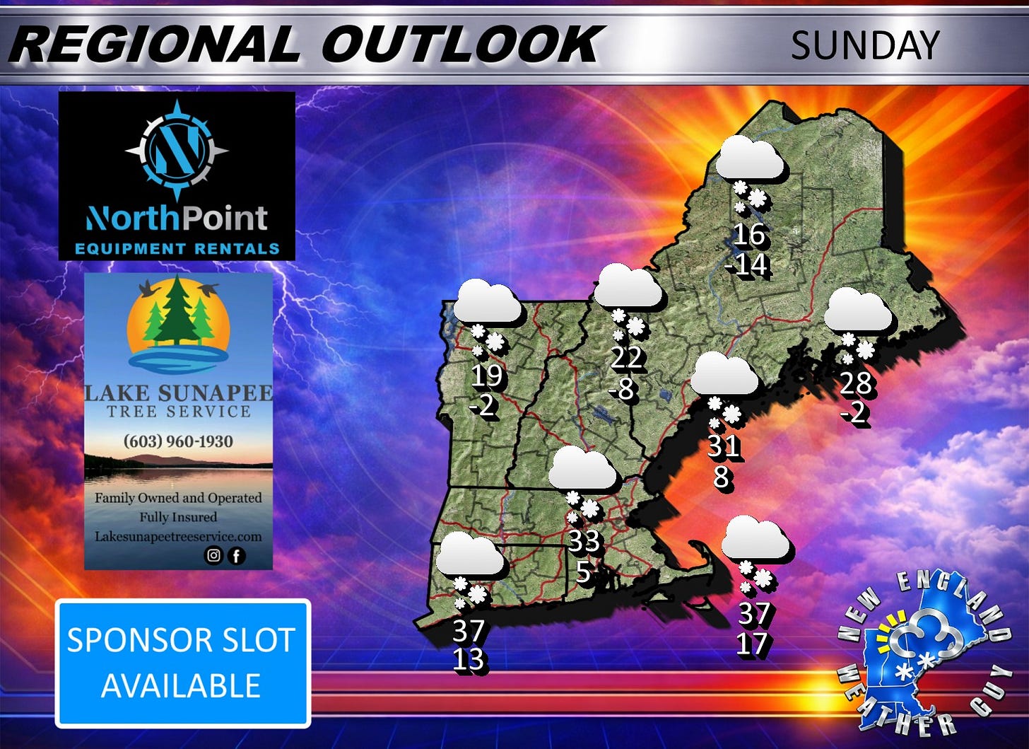 May be an image of map and text that says 'REGIONAL OUTLOOK SUNDAY NorthPoint EQUIPMENT EQUIPMENTRENTALS RENTALS A LAKE SUNAPEE TREE SERVICE (603)960-1930 (603) 960-1930 -1930 16 -14 19 -2 22 8 Family Owned and Operated FullyInsured 28 -2 ® 31 8 33 5 17 SPONSOR SLOT AVAILABLE 37 13 37 17 ENELANO ENG'