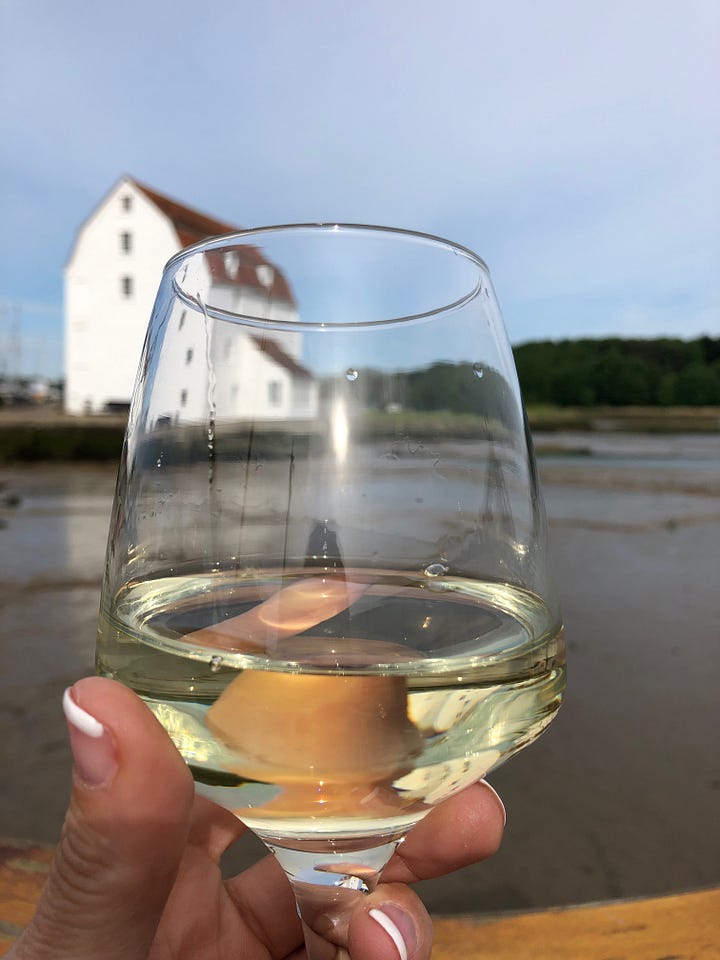 drinking prosecco and white wine on the barge overlooking the tidemill in Woodbridge