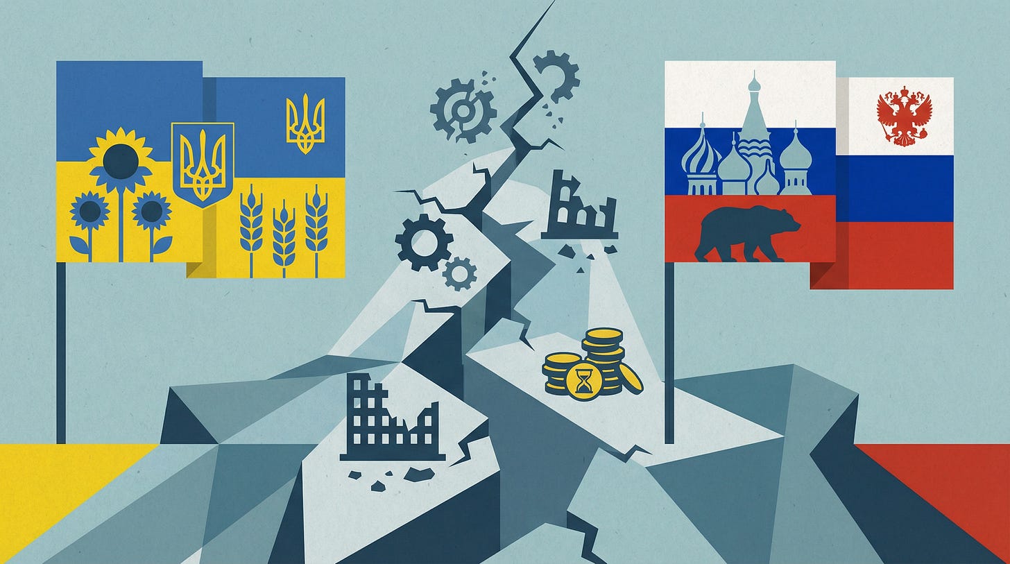 AI-generated illustration of Ukrainian and Russian Flags separated by a chasm of land, symbolizing the divide of the war.