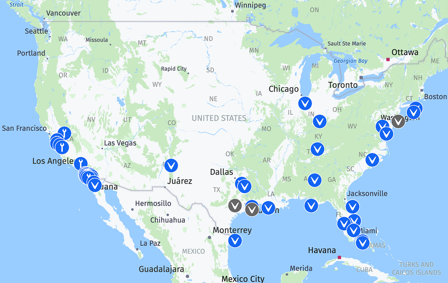 빈패스트의 미국 쇼룸과 서비스 매장들. 출처: https://vinfastauto.us/find-us 빈패스트의 미국 쇼룸과 서비스 매장들. 출처: https://vinfastauto.us/find-us