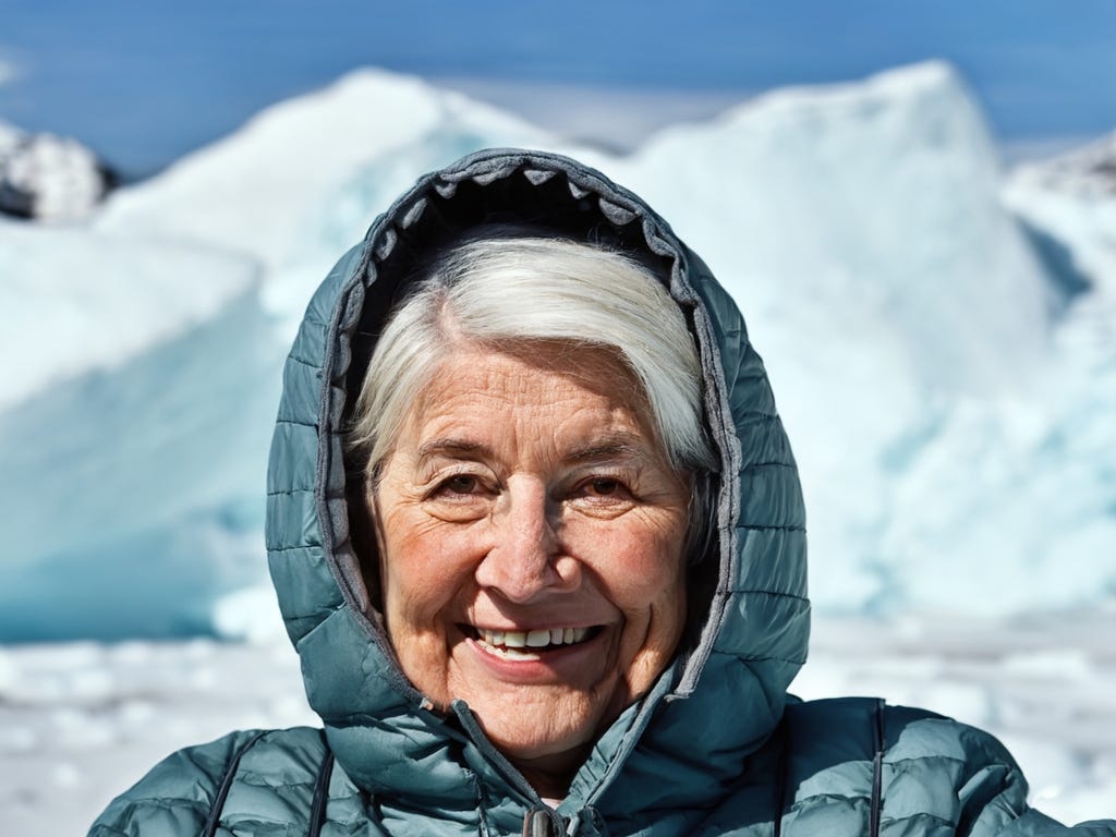 Smiling white 78-year-old woman with just a hint of red lipstick and gray hair wearing a blue-green parka with hood against a backdrop of icebergs and blue sky.