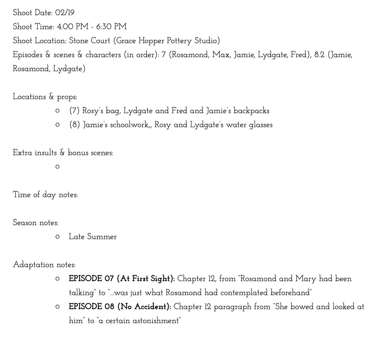 A sample episode layout document used for the Middlemarch web series, which lists the shoot date, time, location, episodes to shoot, and adaptation notes for the scene.