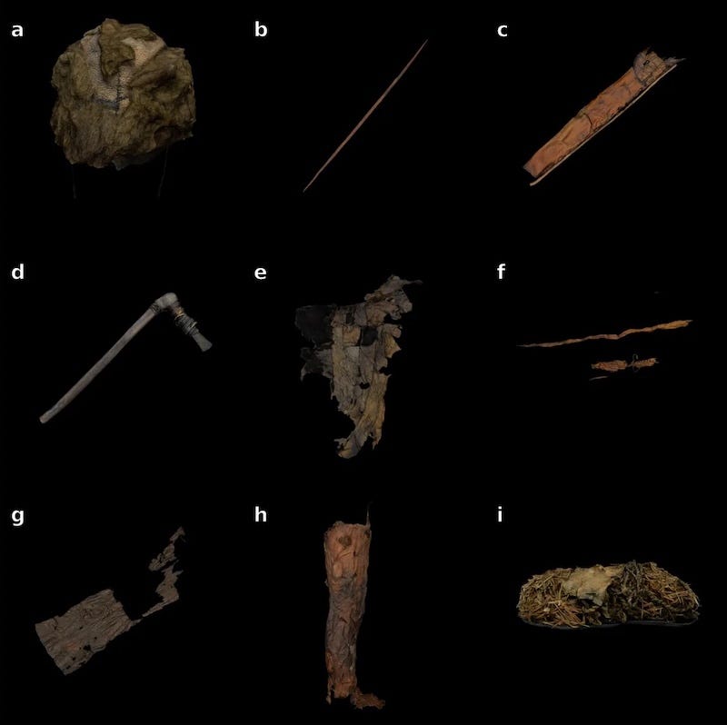 Digital models of the Iceman's clothing and equipment, from the bearskin cap at top left to a shoe at bottom right.