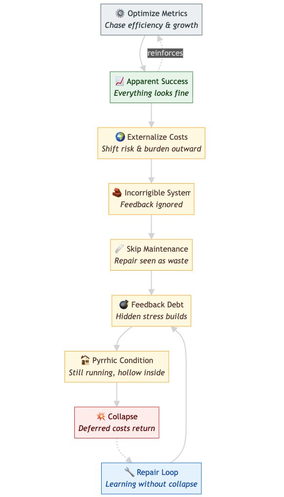 A vertical flowchart titled Destructive Optimization Loop. It starts with “Optimize Metrics,” leading down through “Apparent Success,” “Externalize Costs,” “Incorrigible System,” “Skip Maintenance,” “Feedback Debt,” “Pyrrhic Condition,” and “Collapse,” ending at “Repair Loop.” Arrows show one main downward flow and two feedback loops: one from “Apparent Success” back to “Optimize Metrics,” and another from “Repair Loop” back to “Feedback Debt.” Nodes are color-coded: green for early success, yellow for decay, red for collapse, and blue for repair. A vertical flowchart titled Destructive Optimization Loop. It starts with “Optimize Metrics,” leading down through “Apparent Success,” “Externalize Costs,” “Incorrigible System,” “Skip Maintenance,” “Feedback Debt,” “Pyrrhic Condition,” and “Collapse,” ending at “Repair Loop.” Arrows show one main downward flow and two feedback loops: one from “Apparent Success” back to “Optimize Metrics,” and another from “Repair Loop” back to “Feedback Debt.” Nodes are color-coded: green for early success, yellow for decay, red for collapse, and blue for repair.
