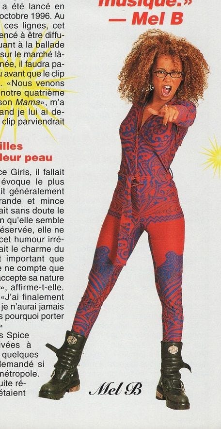 This may contain: an advertisement for misstyles featuring a woman in red and blue with her hand on her hip