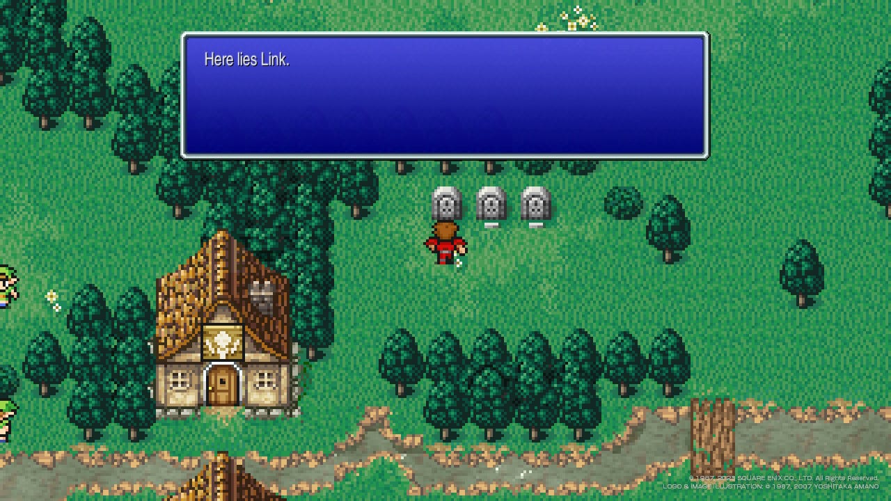 The player reads a gravestone that says "Here lies Link." The player reads a gravestone that says "Here lies Link."