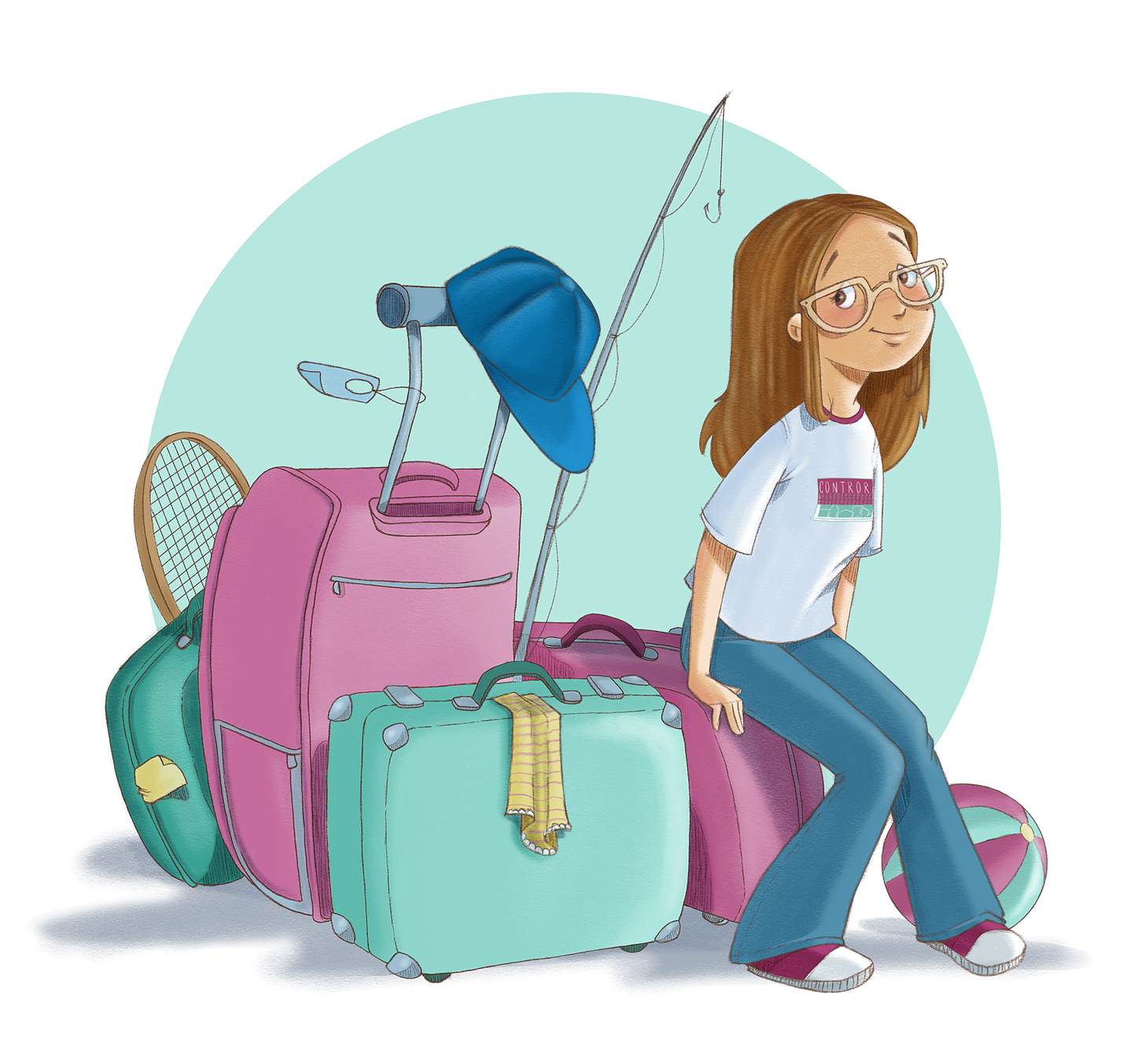 l'autrice in versione fumetto seduta su una valigia e circondata da altri bagagli stracolmi, una racchetta da tennis e una canna da pesca. Indossa una maglietta con la scritta Controra