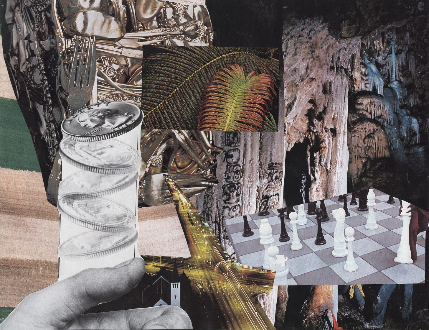 Collage: quarter being flipped, silver, fern, chess, cave