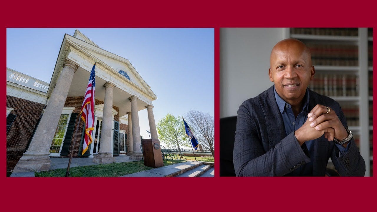 A photo of Monticello on the left and one of Bryan Stevenson on the right
