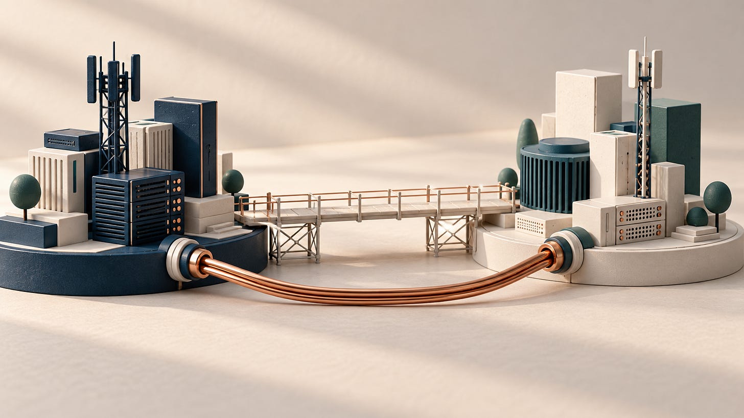 Conceptual miniature of two network systems connected by a copper cable and a modular walkway. Conceptual miniature of two network systems connected by a copper cable and a modular walkway.