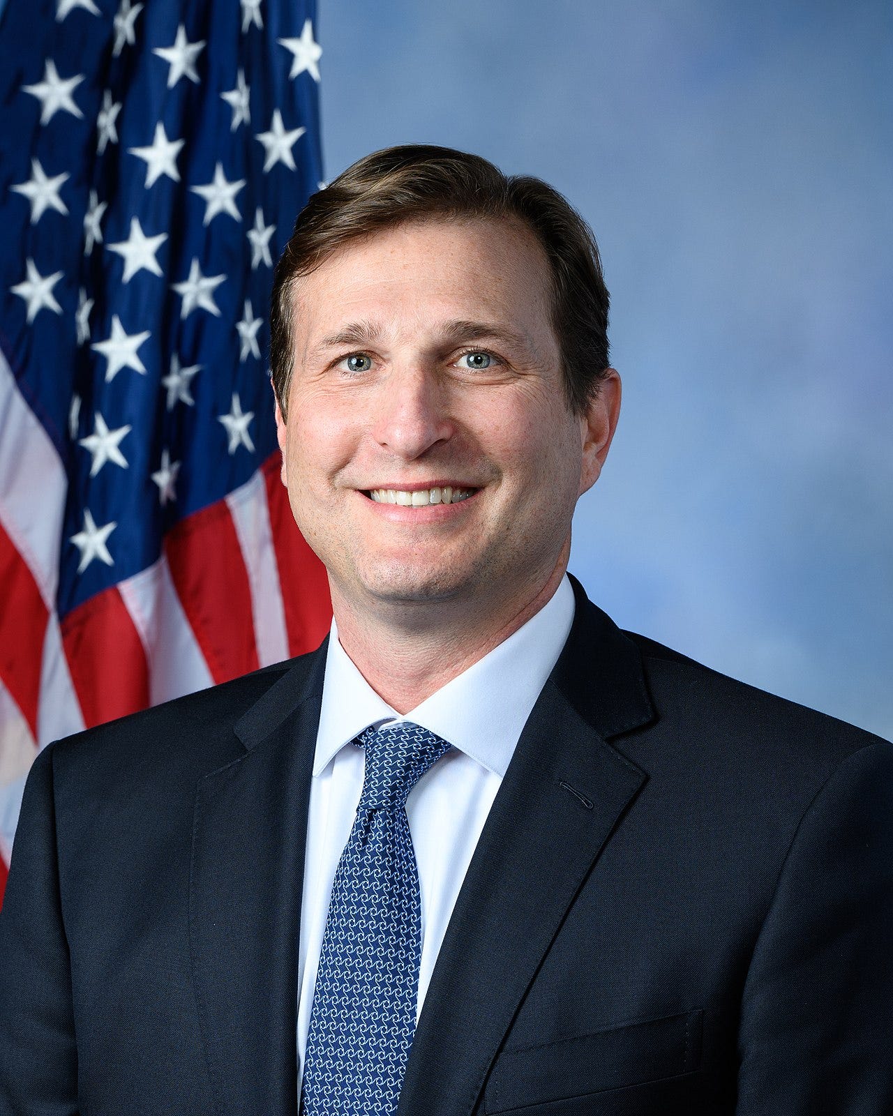 Dan Goldman official portrait; He is a white man with dark suit, blue tie, standing against american flag