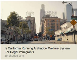 The image depicts a city street scene with buildings, a parked car, and a sign discussing California's welfare system for illegal immigrants. AI-generated content may be incorrect.