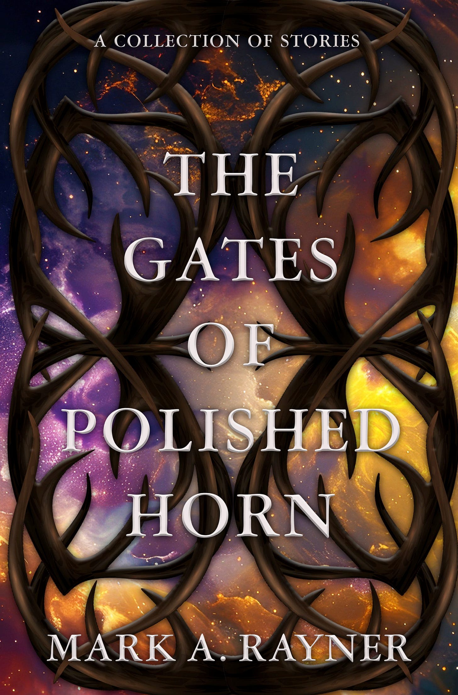 book cover featuring gates of horn set against a purplish golden background