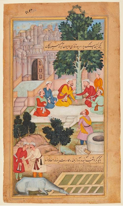Rectangular painting showing five seated figures arguing in a courtyard, near a large tree, while two standing figures look on. Two more standing figures argue over a seated horse in the lower left. There are captions in the upper and lower right. Rectangular painting showing five seated figures arguing in a courtyard, near a large tree, while two standing figures look on. Two more standing figures argue over a seated horse in the lower left. There are captions in the upper and lower right.