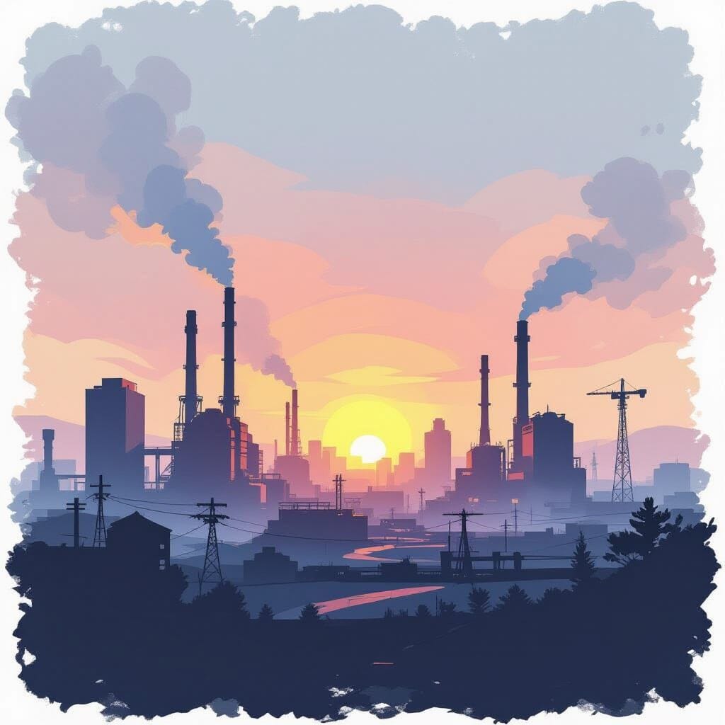 An industrial landscape at dawn, where tall buildings are rendered in a minimalist line art style. Soft washes of colour...