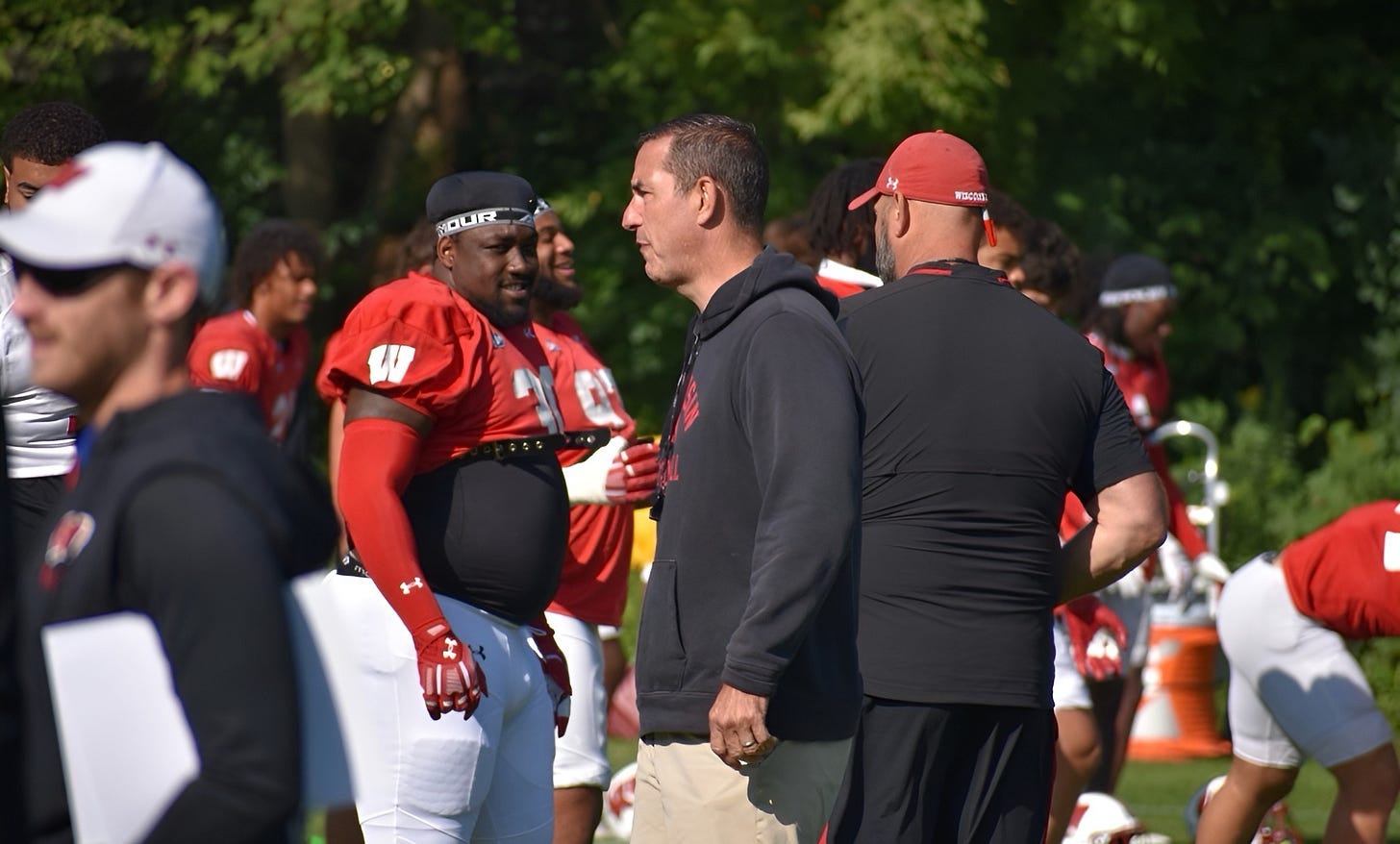 Wisconsin Badgers head coach Luke Fickell scans the field during a team practice.