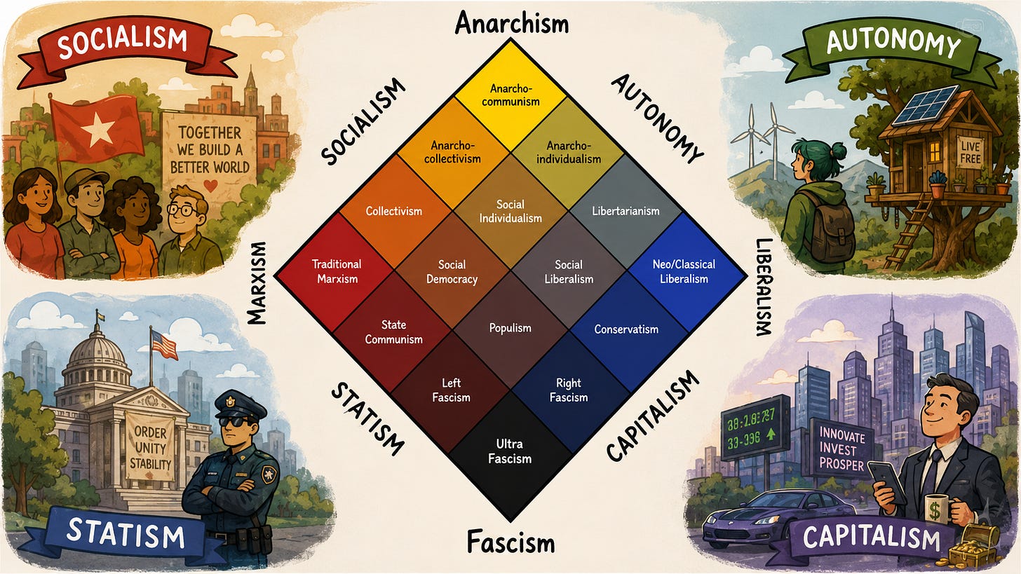 A colorful diagram illustrates political ideologies on a diamond-shaped spectrum, with quadrants labeled Socialism, Autonomy, Capitalism, and Statism, and related imagery in each corner.