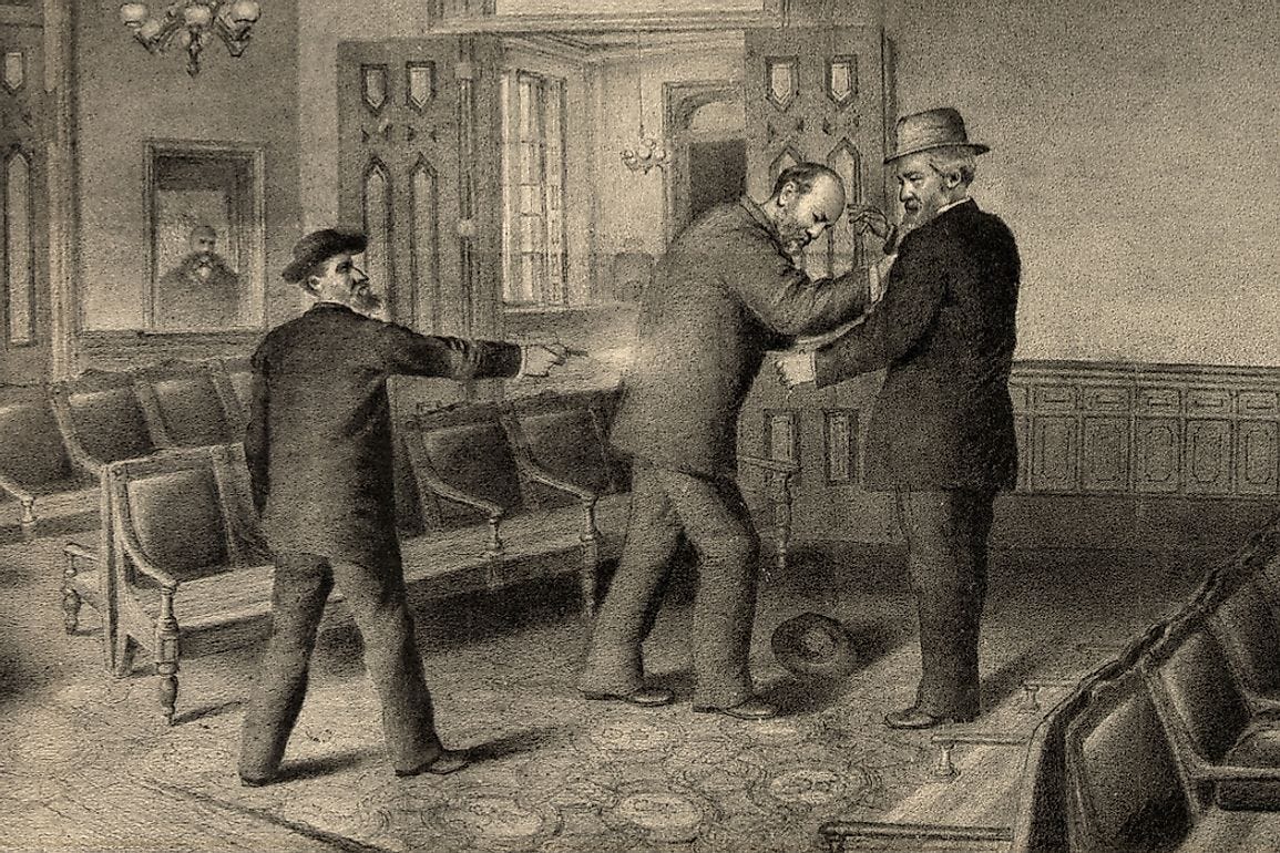 Engraving of the assassination of President Garfield by Charles Guiteau on July 2, 1881. Engraving of the assassination of President Garfield by Charles Guiteau on July 2, 1881.