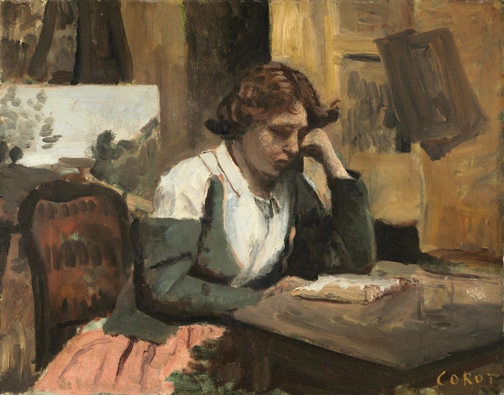 Camille Corot, The Reader (Woman Reading) (c. 1845). CC0, via Openverse/rawpixel. Camille Corot, The Reader (Woman Reading) (c. 1845). CC0, via Openverse/rawpixel.